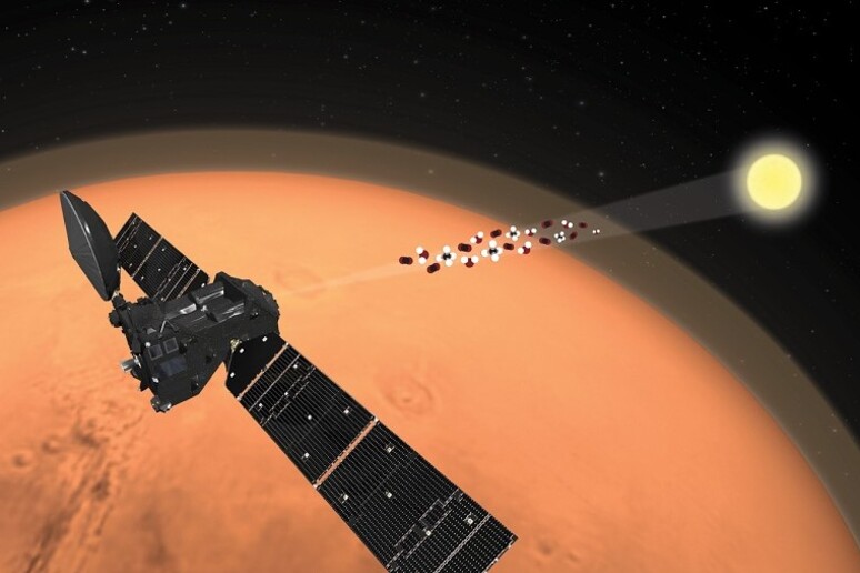 Rappresentazione artistica della sonda Trace Gas Orbiter (Tgo) della missione ExoMars (fonte: ESA/ATG Medialab) - RIPRODUZIONE RISERVATA