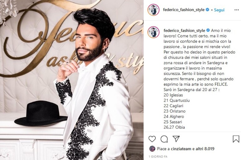 Post su Instagram di Federico Fashion Style in tour in Sardegna - RIPRODUZIONE RISERVATA
