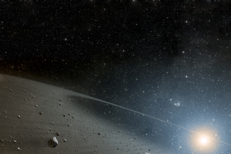 Rappresentazione artistica di asteroidi nella fascia tra Marte e Giove (fonte: Pablo Carlos Budassi da Wikipedia) - RIPRODUZIONE RISERVATA