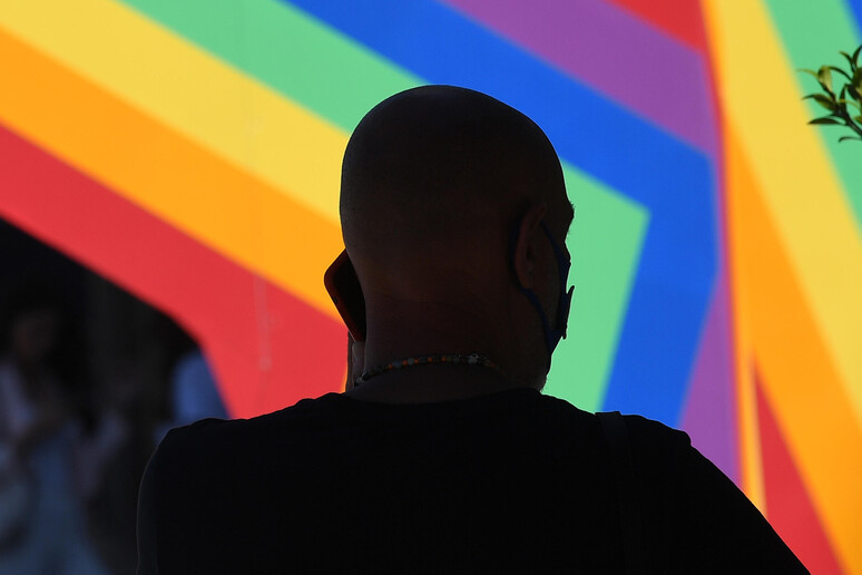 Una persona osserva un 'installazione con i toni arcobaleno (Milano) - RIPRODUZIONE RISERVATA