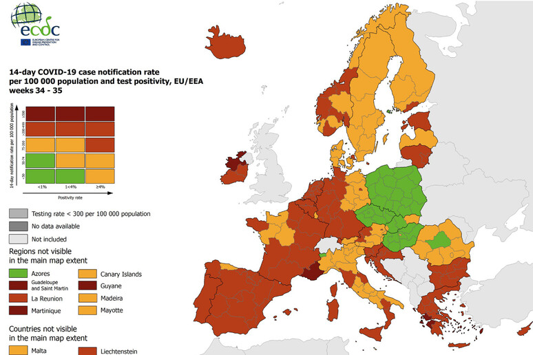 La mappa aggiornata dell 'incidenza Covid in Europa, realizzata dal Centro europeo per la prevenzione e il controllo delle malattie - RIPRODUZIONE RISERVATA