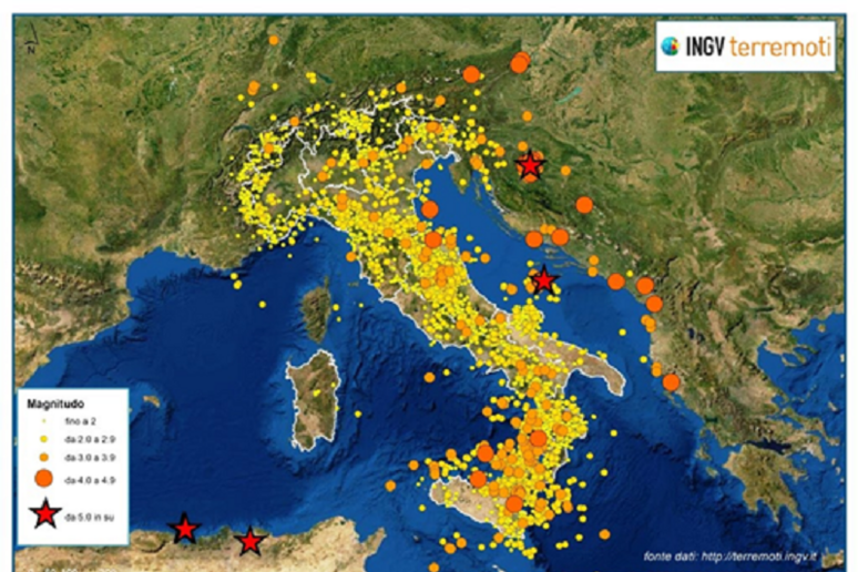 La mappa dei terremoti avvenuti in Italia nel 2021 (fonte: INGV Terremoti) - RIPRODUZIONE RISERVATA