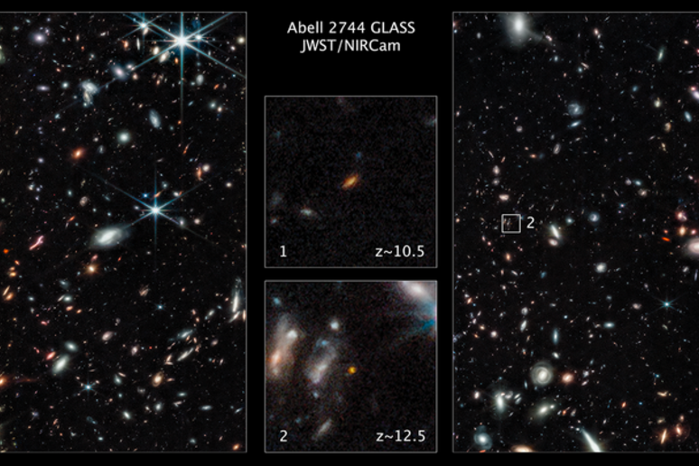 Due delle più antiche galassie, viste dal telescopio Webb. Sono entrambe ai margini dell 'ammasso  Abell 2744 (fonte: NASA, ESA, CSA, Tommaso Treu (UCLA); Image Processing: Zolt G. Levay/STScI) - RIPRODUZIONE RISERVATA