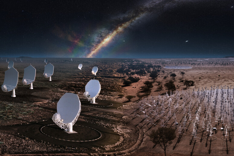 Rappresentazione artistica di alcune antenne del radiotelescopio Ska (fonte: SKAO) - RIPRODUZIONE RISERVATA