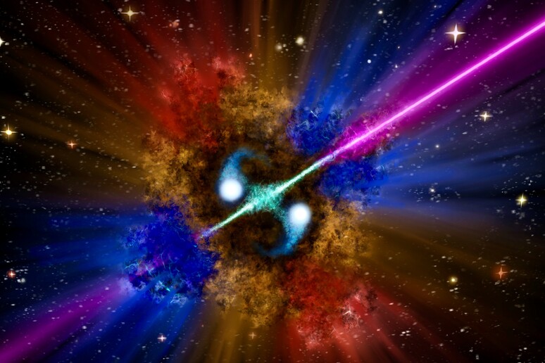 Rappresentazione artistica del lampo di raggi gamma  211211A. Al centro le due stelle di neutroni che, fondendosi, hanno generato l 'emissione (fonte: Samuele Ronchini/GSSI 2022) - RIPRODUZIONE RISERVATA