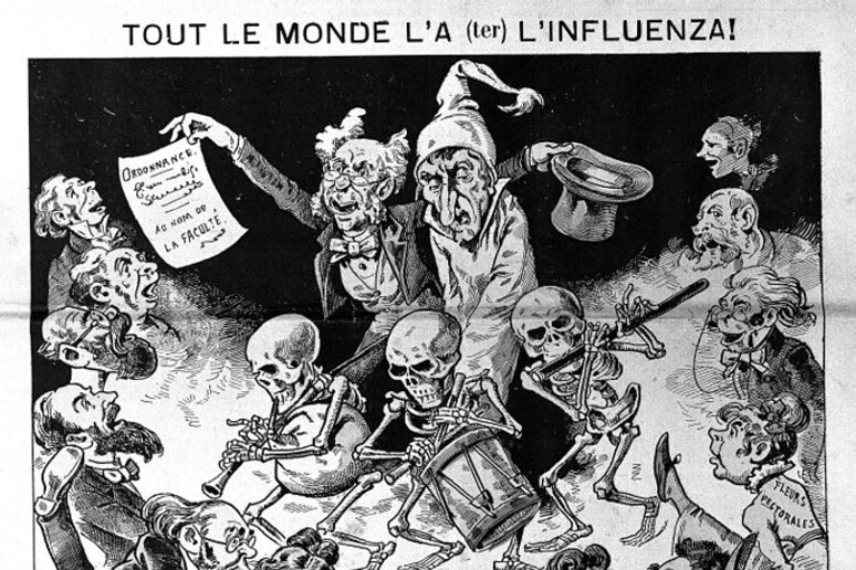 'Tutto il mondo ha l 'influenza! ': incisione su un giornale francese del 1889, nel periodo dell 'Influenza russa (fonte: Wikimedia commons) - RIPRODUZIONE RISERVATA