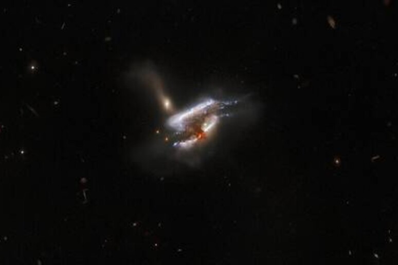 La fusione di tre galassie vista da Hubble (fonte: ESA/Hubble &amp; NASA, W. Keel, Dark Energy Survey, DOE, FNAL, DECam, CTIO, NOIRLab/NSF/AURA, SDSS Acknowledgement: J. Schmidt) - RIPRODUZIONE RISERVATA