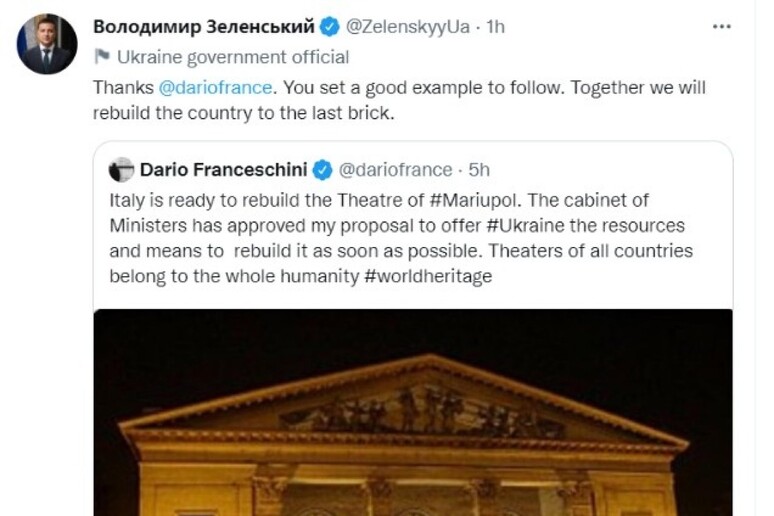 Zelensky risponde a Franceschini su Twitter - RIPRODUZIONE RISERVATA