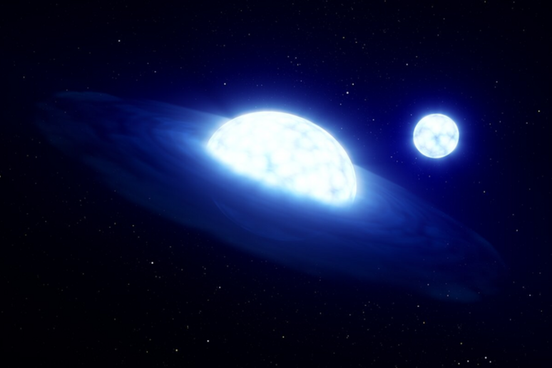 Il sistema composto da 2 stelle che orbitano molto vicine tra loro e in cui una delle due sta succhiando tutta l’atmosfera della compagna (Credit: ESO/L. Calçada) - RIPRODUZIONE RISERVATA