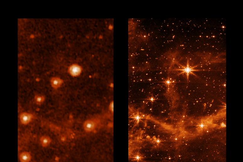 La Grande Nube di Magellano vista dai telescopi Spitzer e Webb (fonte: NASA/JPL-Caltech, NASA/ESA/CSA/STScI) - RIPRODUZIONE RISERVATA
