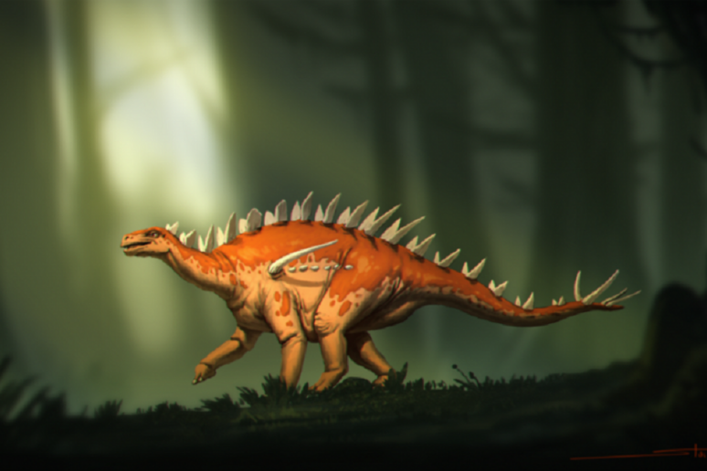 Rappresentazione artistica dello stegosauro Bashanosaurus primitivus, il più antico finora scoperto (fonte: Banana Art Studio) - RIPRODUZIONE RISERVATA