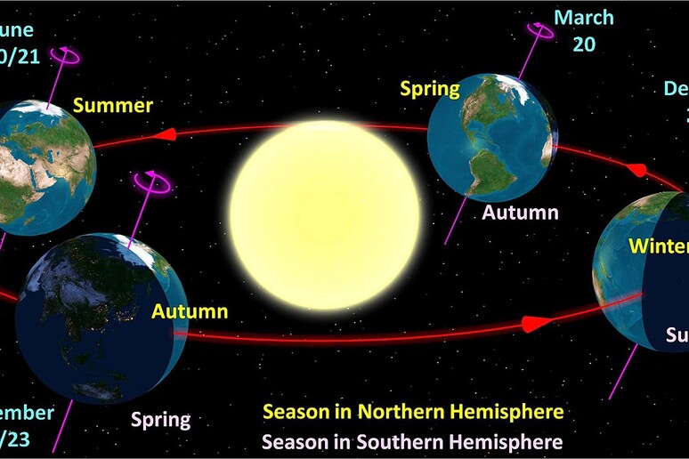 Rappresentazione schematica dell 'alternarsi di equinozi e solstizi (fonte: auʻolunga, Public Domain, da Wikipedia) - RIPRODUZIONE RISERVATA