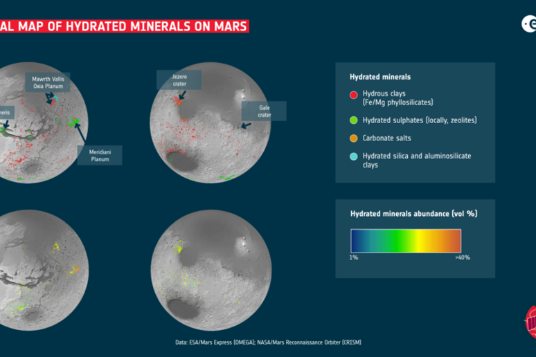 Mappa dei minerali contenenti acqua su Marte (Fonte: ESA/Mars Express (OMEGA) and NASA/Mars Reconnaissance Orbiter (CRISM)) - RIPRODUZIONE RISERVATA