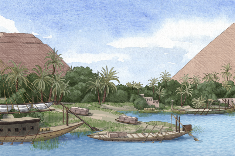 Rappresentazione artistica del ramo scomparso del fiume Nilo che ha permesso la costruzione delle Piramidi di Giza (Fonte: Alex Boersma/PNAS) - RIPRODUZIONE RISERVATA
