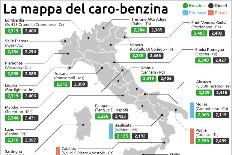 La mappa del caro-benzina - RIPRODUZIONE RISERVATA