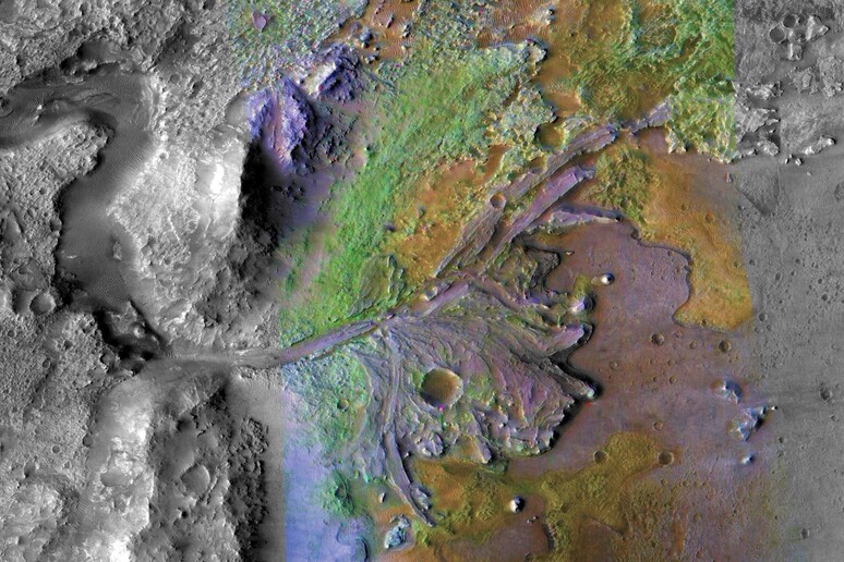 Il cratere Jezero su Marte, i vari colori corrispondono ai diversi minerali rilevati (fonte: NASA/JPL-Caltech/MSSS/JHU-APL) -     RIPRODUZIONE RISERVATA