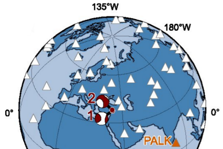 Le 2 scosse del 6 febbraio 2023 in Turchia rappresentano la coppia più intensa mai registrata sulla terraferma; mappa della distribuzione delle stazioni di rilevamento (fonte: Earthquake Science (2023). DOI: 10.1016/j.eqs.2023.02.008) - RIPRODUZIONE RISERVATA