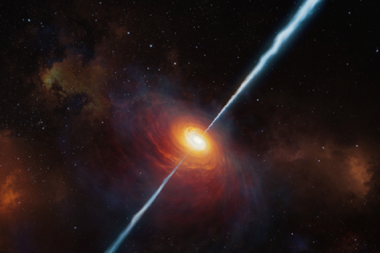 Rappresentazione artistica del quasar P172+18 (fonte: ESO-M Kornmesser) - RIPRODUZIONE RISERVATA