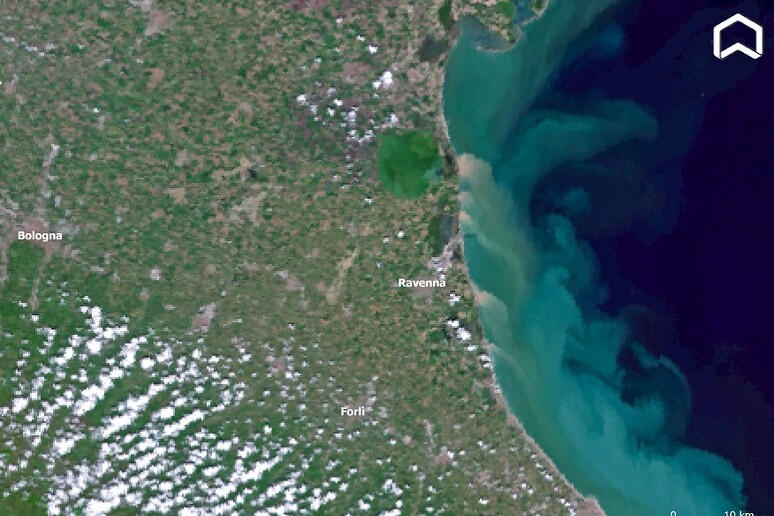 I sedimenti alluvionali lungo la costa romagnola ripresi da Sentinel-3 di Copernicus (fonte: Adam Platform) - RIPRODUZIONE RISERVATA
