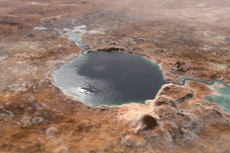 Rappresentazione artistica del cratere marziano Jezero nell 'epoca in cui era un lago (fonte: NASA/JPL-Caltech) - RIPRODUZIONE RISERVATA