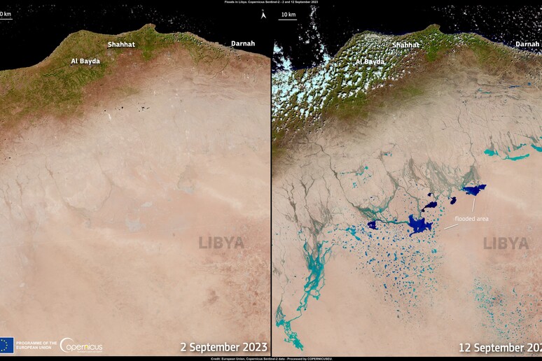 Il deserto della Libia nelle immagini da satellite del 2 e del 12 settembre (fonte: European Union, Copernicus Sentinel-FloodsinLybia) - RIPRODUZIONE RISERVATA