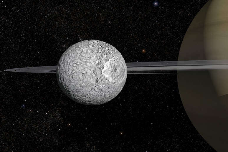 Rappresentazione artistica di Mimas, una delle lune di Saturno (fonte: Frédéric Durillon, Animea Studio | Observatoire de Paris – PSL, IMCCE) -     RIPRODUZIONE RISERVATA